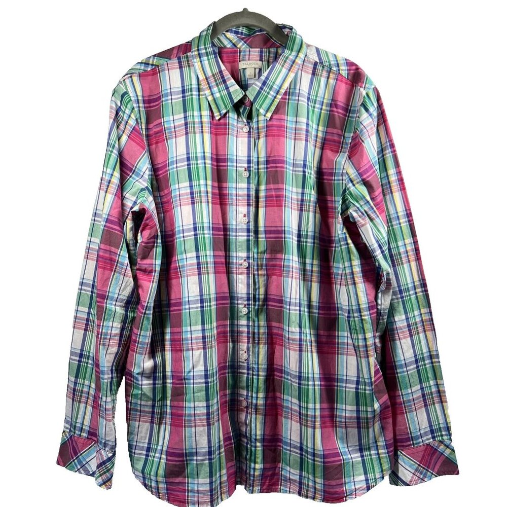 Talbots Blouse Size Large Colorful Madras‎ Button Up Plaid Cotton Long Sleeve